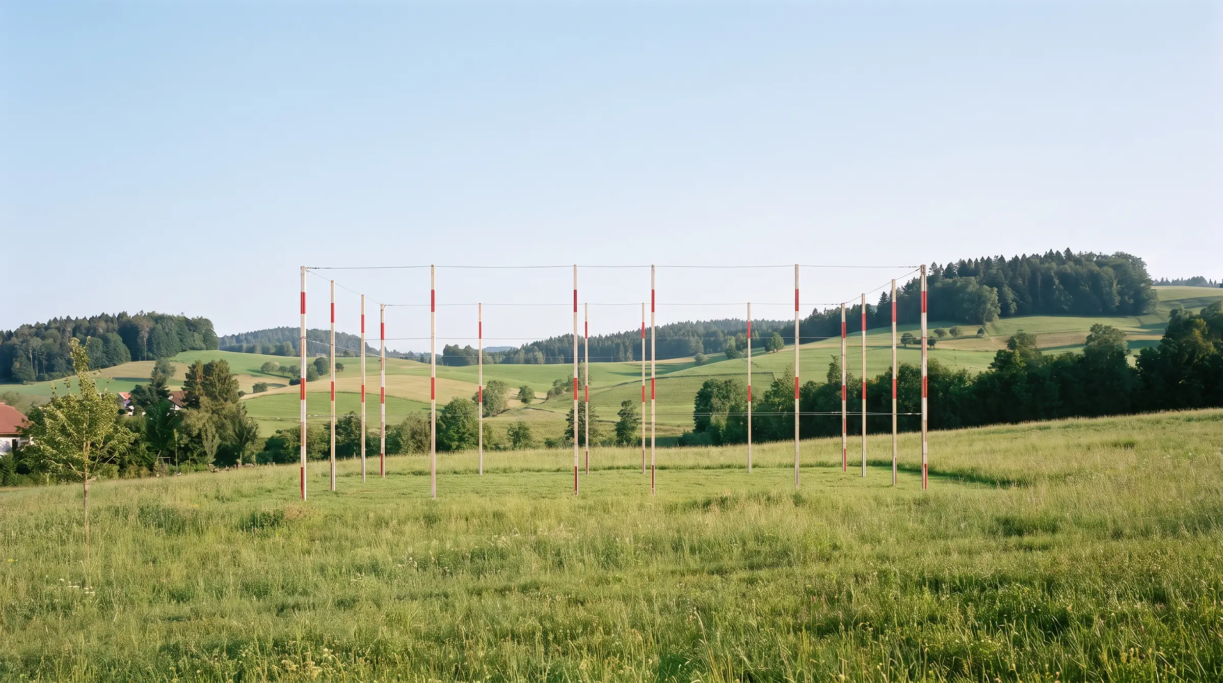 Grüne Wiese mit Bauprofilen, die das geplante Gebäude abstecken