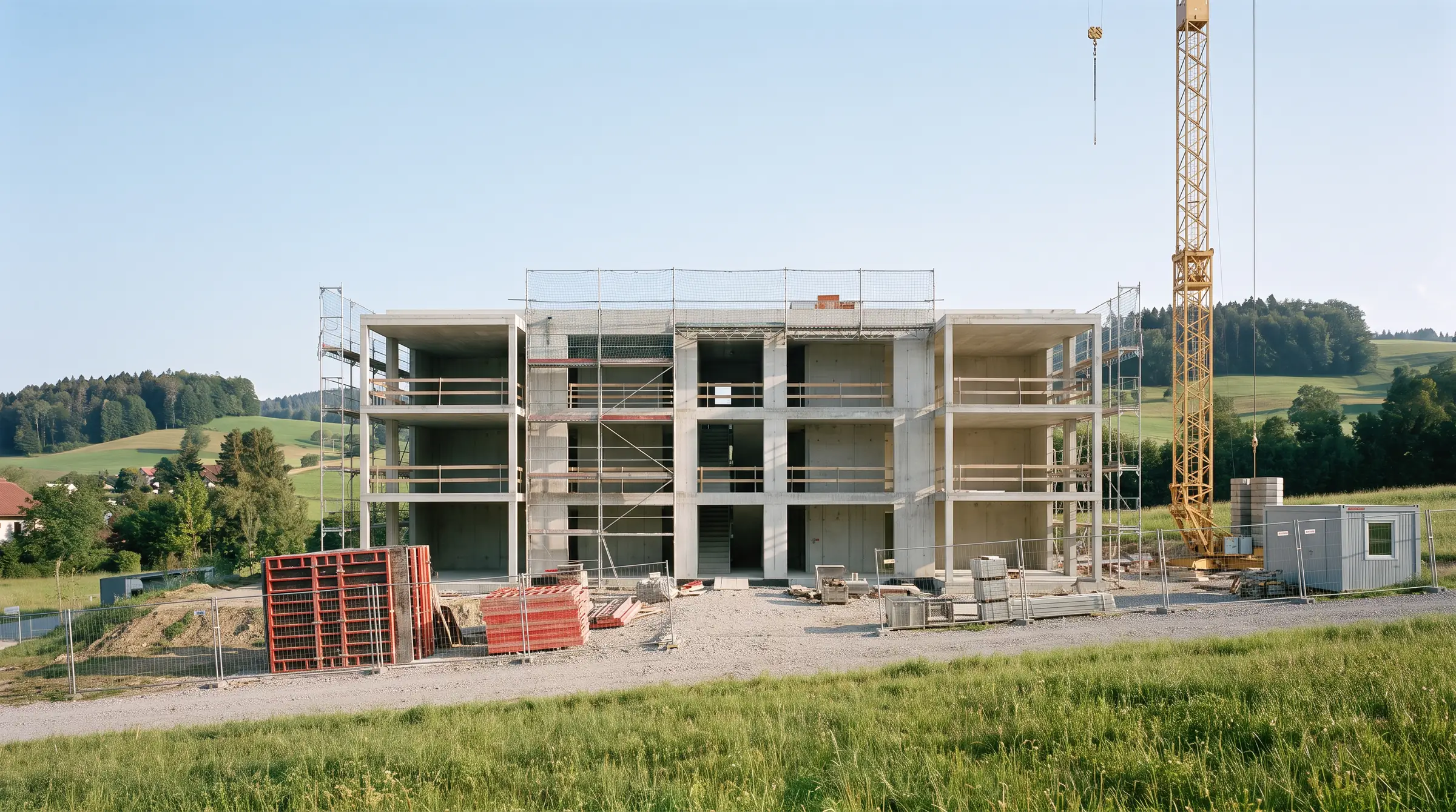 Dieselbe Ansicht als Baustelle: Rohbau aus Beton mit Gerüst und Kran