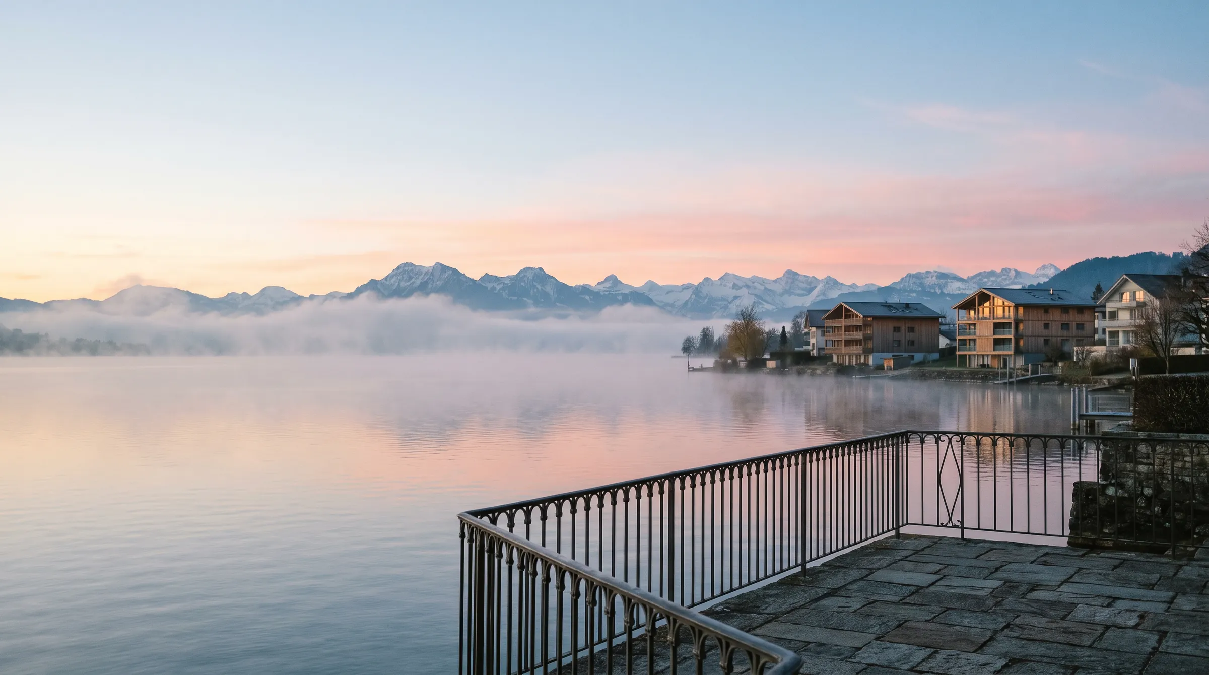 Sonnenaufgang über einem Schweizer See mit Morgennebel, Ufergebäuden und den Alpen am Horizont