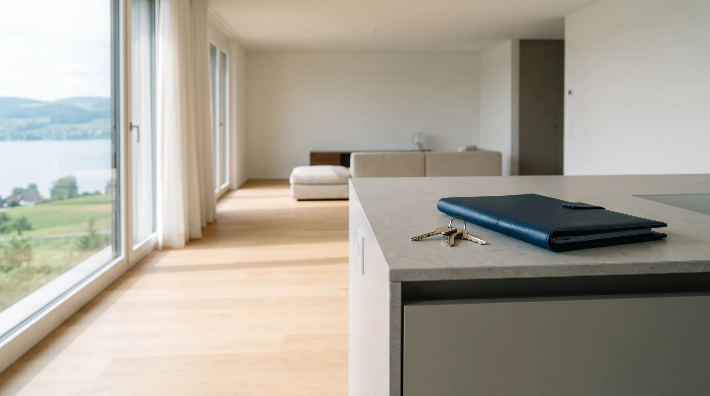 Helle, neue Wohnung am Morgen mit Seeblick, auf der Kücheninsel liegen Hausschlüssel und eine Mappe